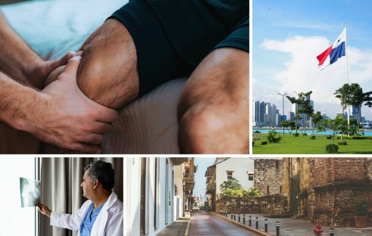 Un collage con una persona sujetándose la rodilla, la bandera de Panamá en un asta, un médico examinando una radiografía y dos vistas de calles del casco antiguo, para destacar Sports Medicine Panamá y las opciones de tratamiento accesibles.