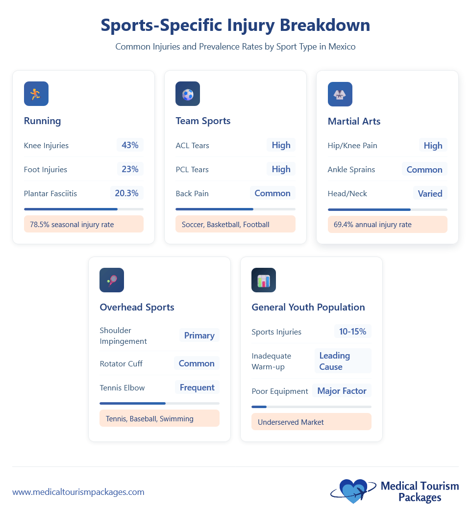 Infographic highlighting common injuries and prevalence rates by sport type in Mexico, featuring insights from Sports Medicine Mexico and a Specialist Guide for athletes in running, team sports, martial arts, overhead sports, and general youth.
