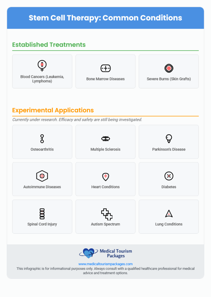 Infographic showing Stem Cell Therapy applications: established for blood cancers, bone marrow diseases, and severe burns; experimental for conditions like arthritis, MS, diabetes, and lung conditions—gaining interest in Medical Tourism across Latin America.