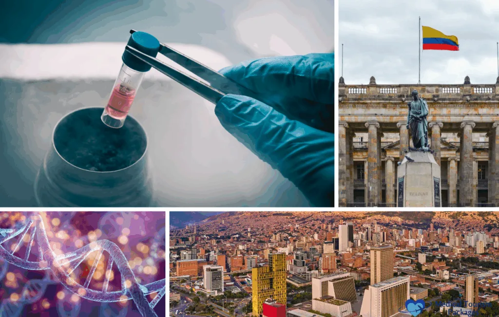 A collage featuring a gloved hand with a test tube, the Colombian flag on a government building, a DNA strand, and Medellín’s cityscape highlights Colombia's growing reputation in stem cell therapy and medical tourism.