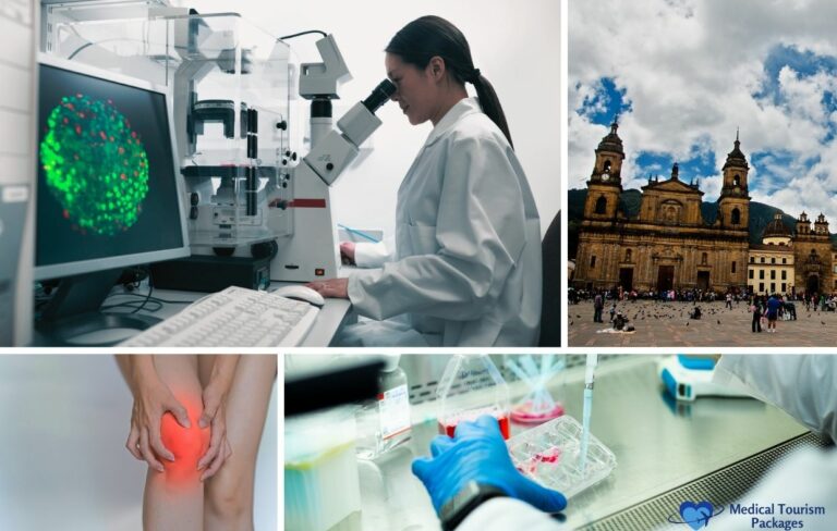 A collage showing a scientist using a microscope, a 3D cell image, Colombia’s historic city square, a person holding a painful knee, and lab work with syringes and test tubes highlighting the stem cell transplants treatment process.