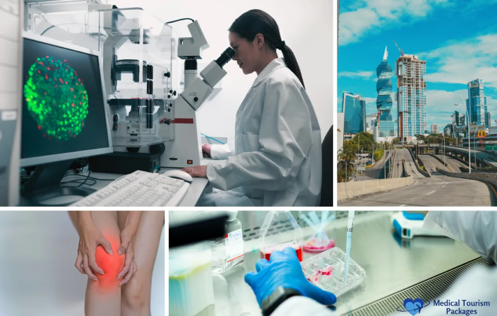 In a bustling cityscape, a scientist peers through a microscope, pioneering advanced medicine. Meanwhile, someone clutches their knee in pain as gloved hands expertly handle lab samples, possibly for an innovative stem cell transplant research project based in vibrant Panama.