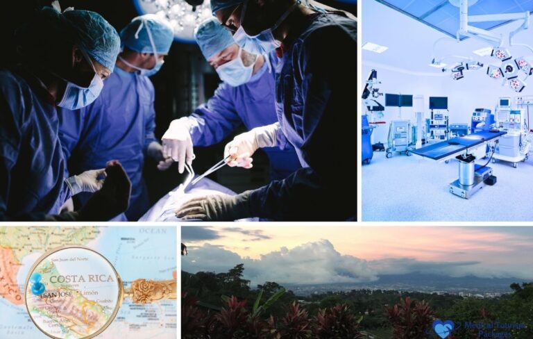 Collage showing surgeons operating, a modern surgical room, a map of Costa Rica, and a scenic landscape view at sunset—capturing the allure of plastic surgery Costa Rica offers to medical tourists.