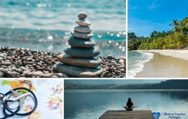A collage featuring stacked stones on a pebbled beach, a tropical Latin America coastline, a map with a stethoscope symbolizing medical tourism, and a person meditating peacefully by a lake.