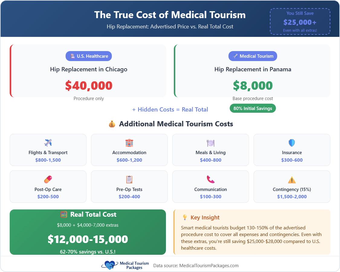 Infographic compares hip replacement costs: $40,000 in Chicago vs. $8,000 in Panama; details extra patient expenses and highlights significant savings with medical tourism.