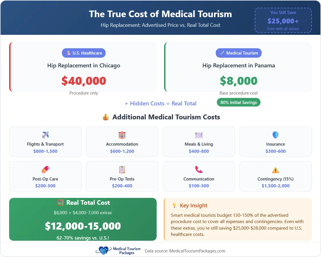 Infographic compares hip replacement costs: $40,000 in Chicago vs. $8,000 in Panama; details extra patient expenses and highlights significant savings with medical tourism.