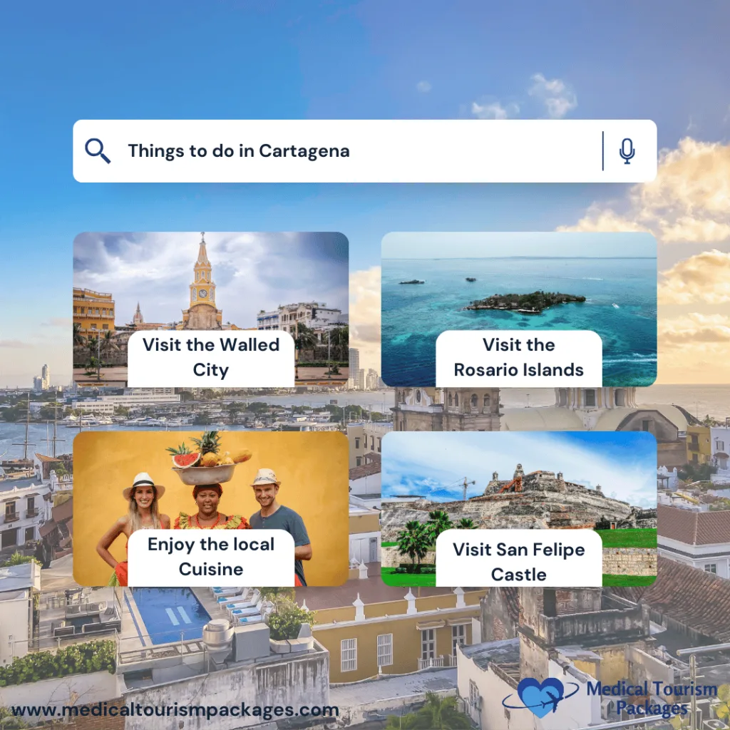 Interactive search interface showing four main tourist attractions in Cartagena: the Walled City's clock tower, aerial view of Rosario Islands, local food vendors, and San Felipe Castle, arranged in a grid layout against a coastal backdrop.