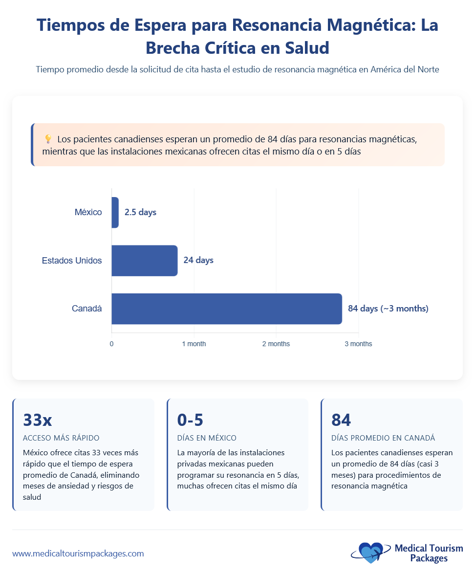 Infografía comparativa de los tiempos de espera para una resonancia magnética de cuerpo entero: Canadá tiene una media de 84 días, México de 0 a 5 días y EE.UU. de 24 días. México ofrece citas 33 veces más rápido que Canadá, con costes transparentes.