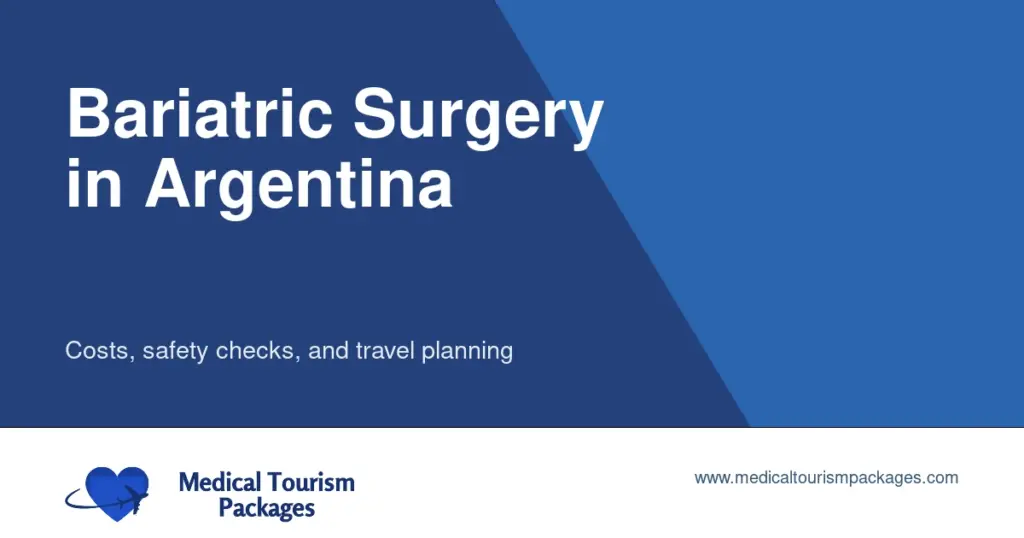 Tarjeta de título «Cirugía bariátrica en Argentina» en el diseño azul de «Paquetes de turismo médico».