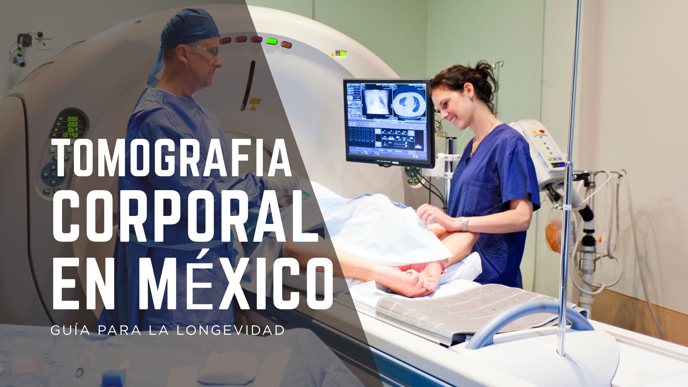 Dos profesionales médicos operan una máquina de resonancia magnética de cuerpo entero para un paciente tumbado en una camilla en México, mientras las imágenes del escáner aparecen en el monitor. El texto dice: "Resonancias Magnéticas de Cuerpo Entero y Costos en México.