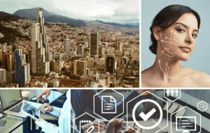 Collage depicting a vibrant cityscape as a destination, a woman with facial lines symbolizing medical tourism in Colombia, hands using digital devices, and icons representing documents and a checkmark.