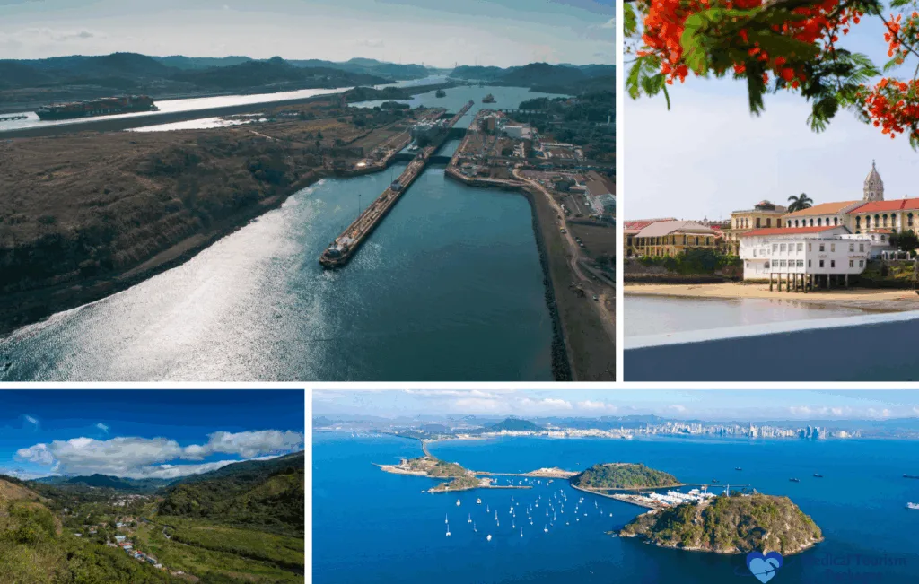 Un collage que muestra los viajes a Panamá: el Canal de Panamá, un edificio histórico, un árbol en flor, exuberantes colinas verdes y una vista aérea de islas con barcos, destacando las principales atracciones turísticas de Panamá.