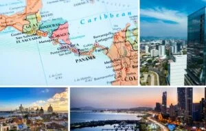 Un vibrante collage revela un mapa de Centroamérica entrelazado con paisajes urbanos, mostrando el perfil de una ciudad, edificios modernos y un distrito histórico cerca de la costa. Colombia es un lugar ideal para el turismo médico, con lujosos hoteles junto a la costa.
