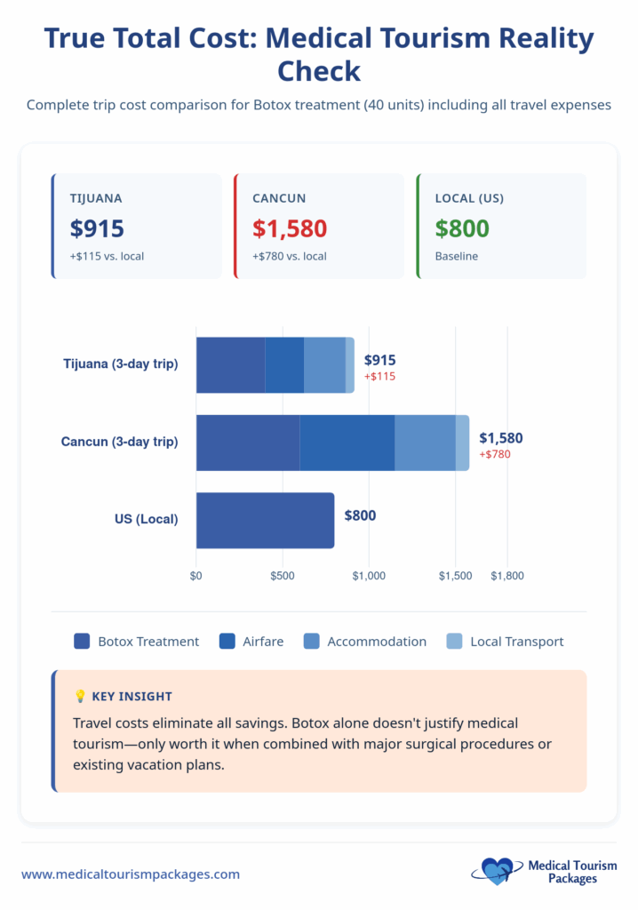 Bar chart compares Botox costs: Tijuana $915, Cancun $1,580, US local $800. Notes reveal travel expenses for Botox in Mexico raise total costs above the US baseline. Key insight box included.