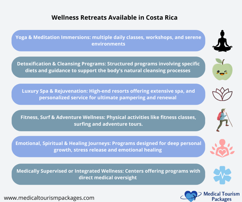 Infografía que enumera los retiros de bienestar en Costa Rica (yoga, desintoxicación, spa, fitness, viajes curativos y opciones para viajeros por motivos médicos) con iconos junto a cada categoría.