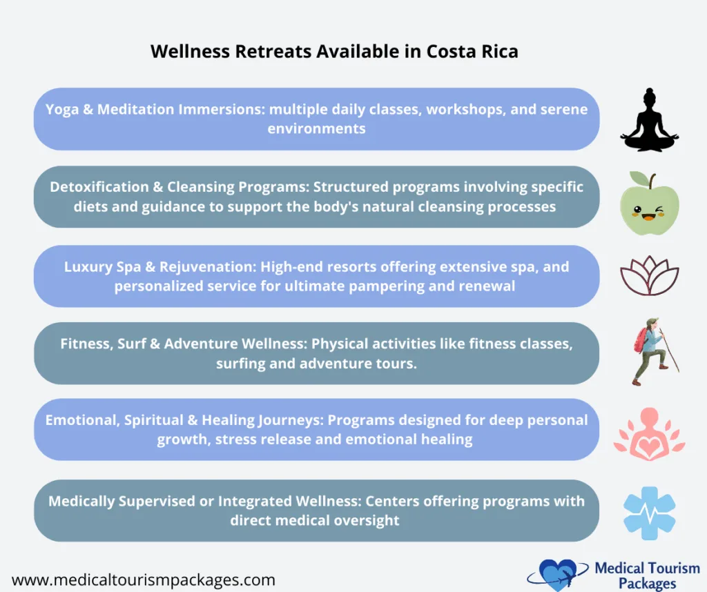 Infographic listing wellness retreats in Costa Rica—yoga, detox, spa, fitness, healing journeys, and options for medical travelers—with icons beside each category.