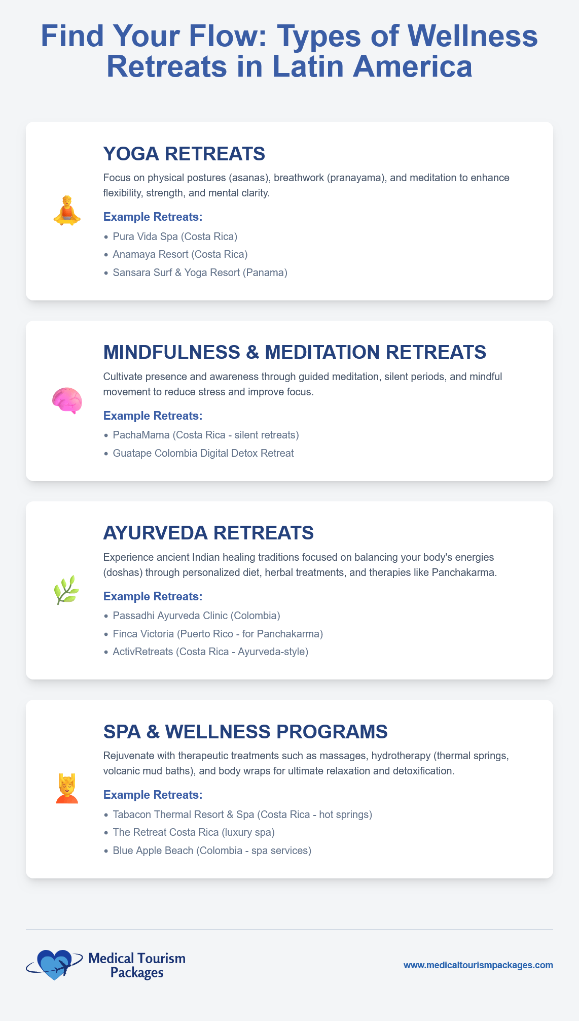 Infographic showcasing four Wellness Retreats in Latin America—yoga, mindfulness & meditation, Ayurveda, and spa programs—with brief Mind and Body Recovery descriptions and example locations.