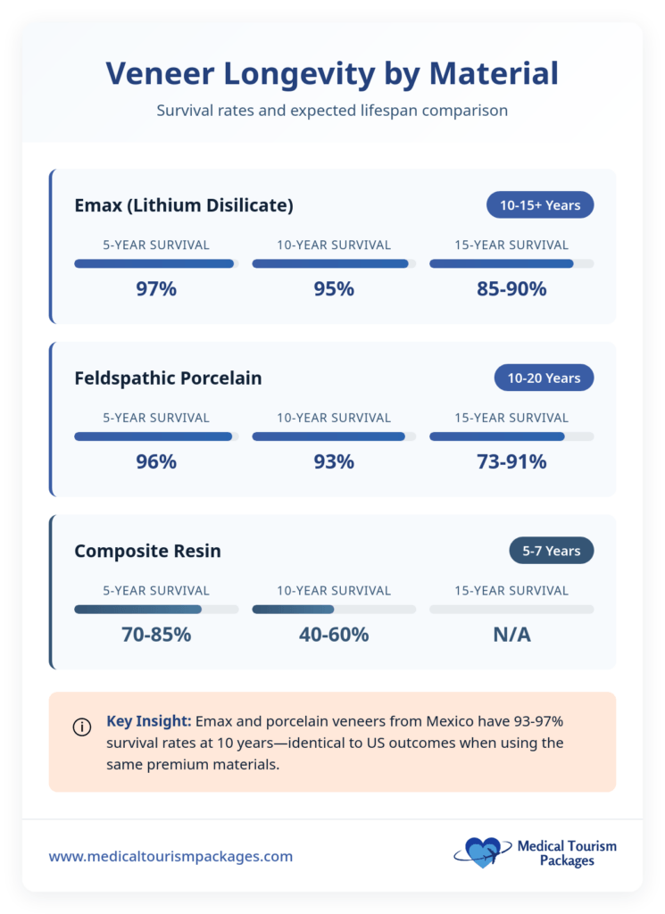 Comparison chart shows 5, 10, and 15+ year survival rates for Emax, feldspathic porcelain, and composite resin dental veneers, plus a note on the high survival rates of Dental Veneers Mexico. Includes a brief Cost Guide for reference.