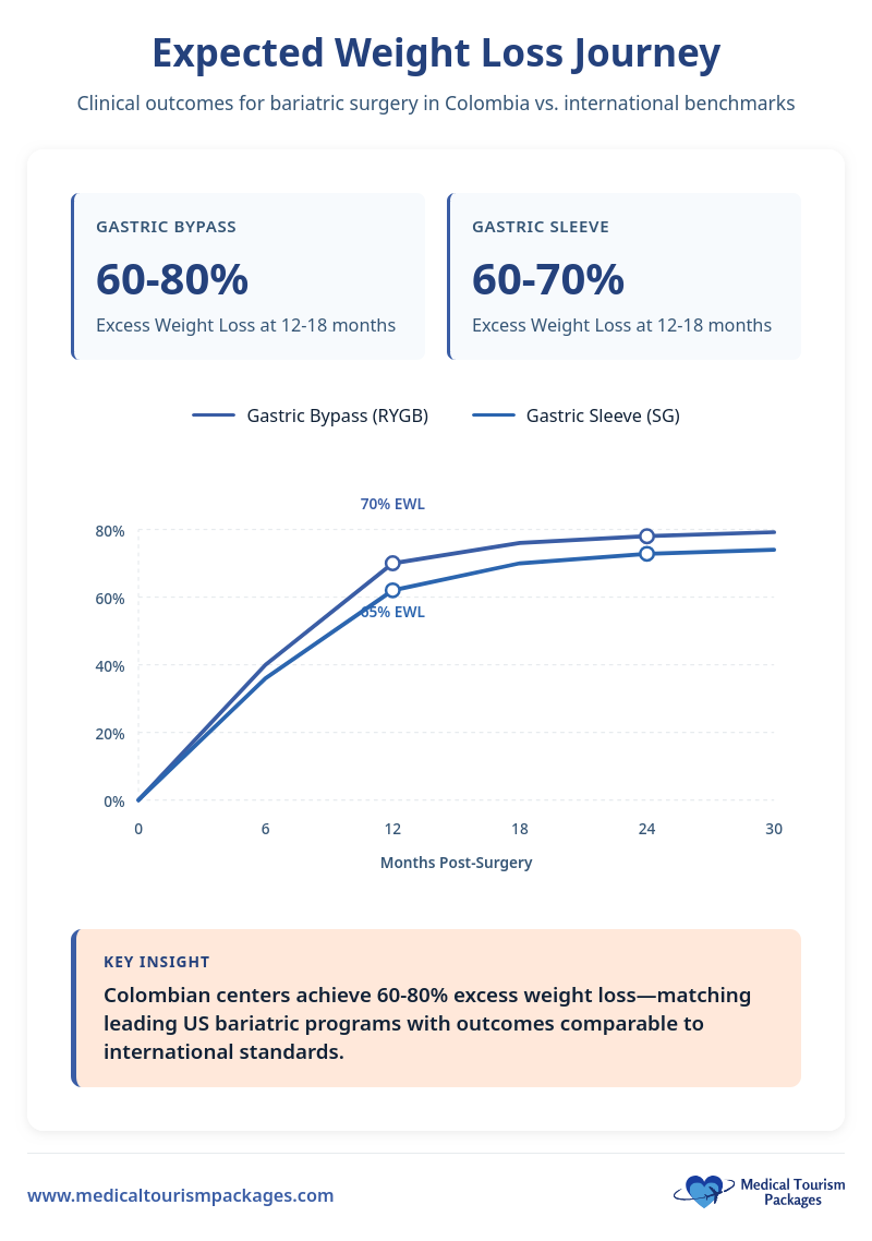 Line graph compares expected excess weight loss at 12-18 months after bariatric surgery—gastric bypass (60-80%) and gastric sleeve (60-70%)—based on clinical outcomes for medical tourists in Colombia.