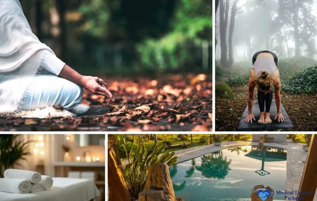 Collage of wellness activities: person meditating outdoors, practicing yoga in nature, a spa setting with towels, and a pool surrounded by greenery—perfect inspiration for stress relief or planning your next wellness retreat beyond the standard vacation.
