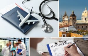 A collage showing Safe Medical Travel with a passport, toy airplane, and stethoscope; a historic cityscape; doctors in conversation; and a hand filling out an insurance form.
