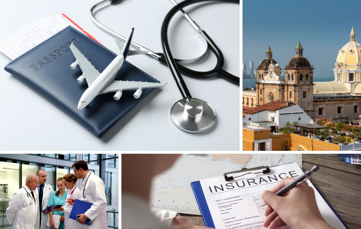 A collage showing Safe Medical Travel with a passport, toy airplane, and stethoscope; a historic cityscape; doctors in conversation; and a hand filling out an insurance form.