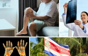 Man holding his painful knee, doctor examining an X-ray, digitally rendered image of arthritic hands, and Costa Rica flag among palm trees highlight affordable rheumatology surgery options in Costa Rica.