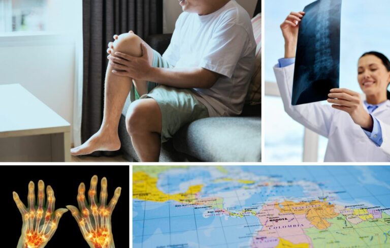 A man holds his knee in pain, a doctor examines an X-ray, an illustration shows inflamed hand joints, and a partial map of Latin America highlights options for Rheumatology Surgery.