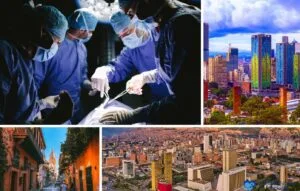 A collage featuring surgeons performing an operation, a modern city skyline, a colorful colonial street, and aerial views of urban areas highlights the appeal of plastic surgery packages Colombia has to offer.