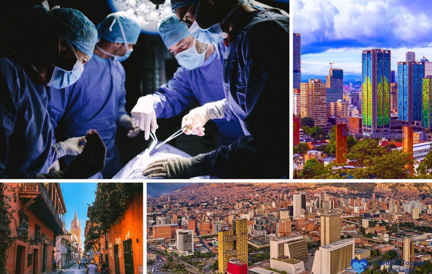 Un collage en el que aparecen cirujanos realizando una operación, el perfil de una ciudad moderna, una colorida calle colonial y vistas aéreas de zonas urbanas pone de relieve el atractivo de los paquetes de cirugía plástica que ofrece Colombia.