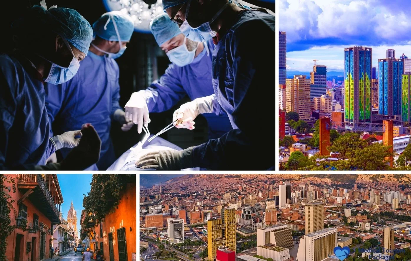 A collage featuring surgeons performing an operation, a modern city skyline, a colorful colonial street, and aerial views of urban areas highlights the appeal of plastic surgery packages Colombia has to offer.