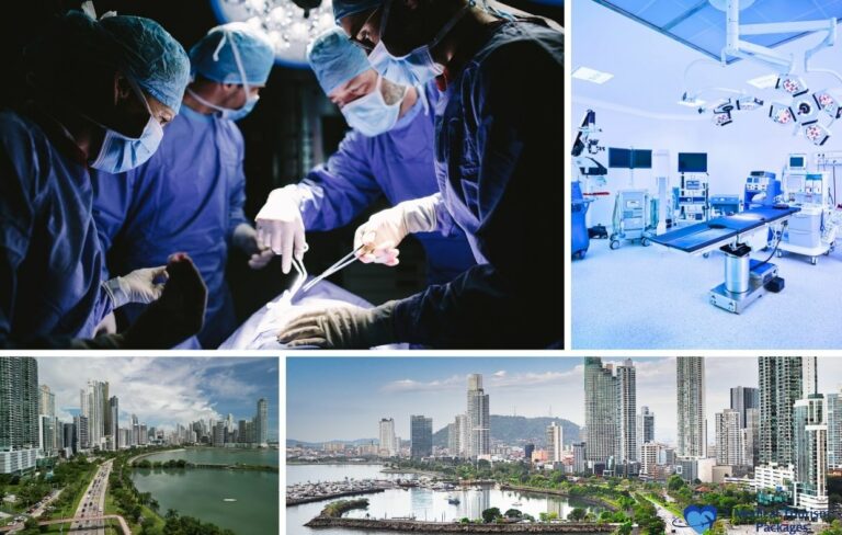 Collage con cirujanos operando, un moderno quirófano vacío y vistas del paisaje urbano de un horizonte costero, destacando la cirugía en Panamá y los espacios verdes: un viaje visual a la cirugía plástica en Panamá.
